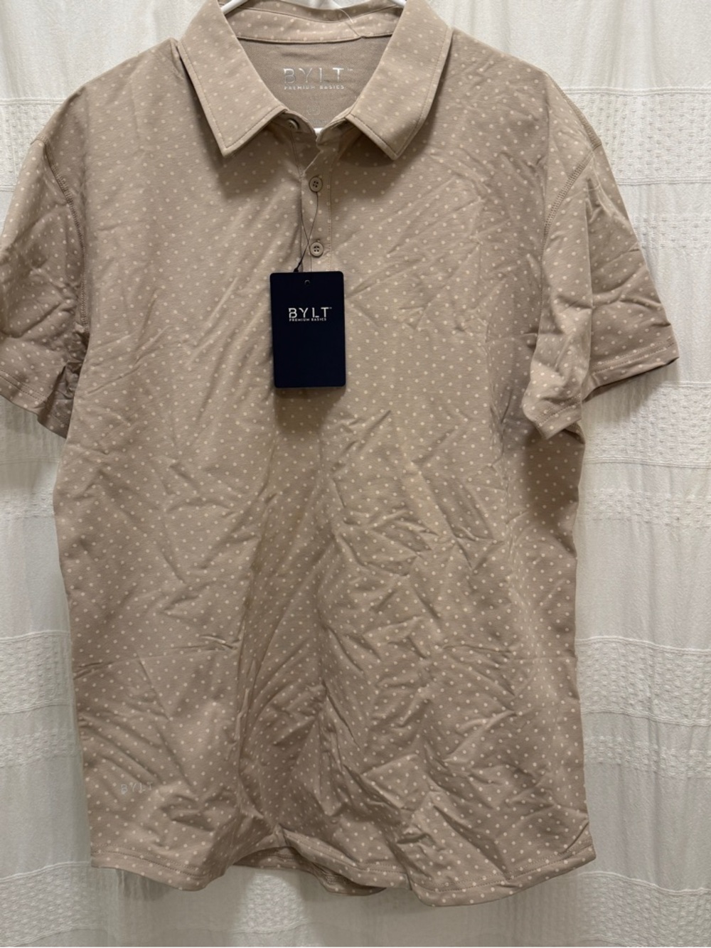 NWT Bylt Drop-Cut Lux Dotted Polo Latte Ivory Men’s Large Shirt AOP